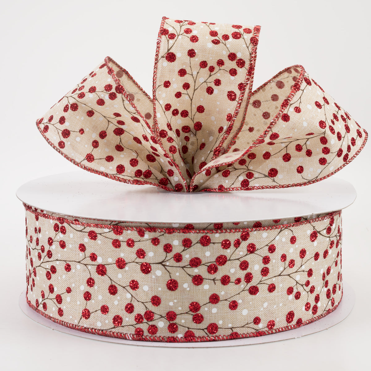 2.5" Linen Glittered Red Berry Branches Ribbon: Natural (50 Yards) Lifestyle Photo