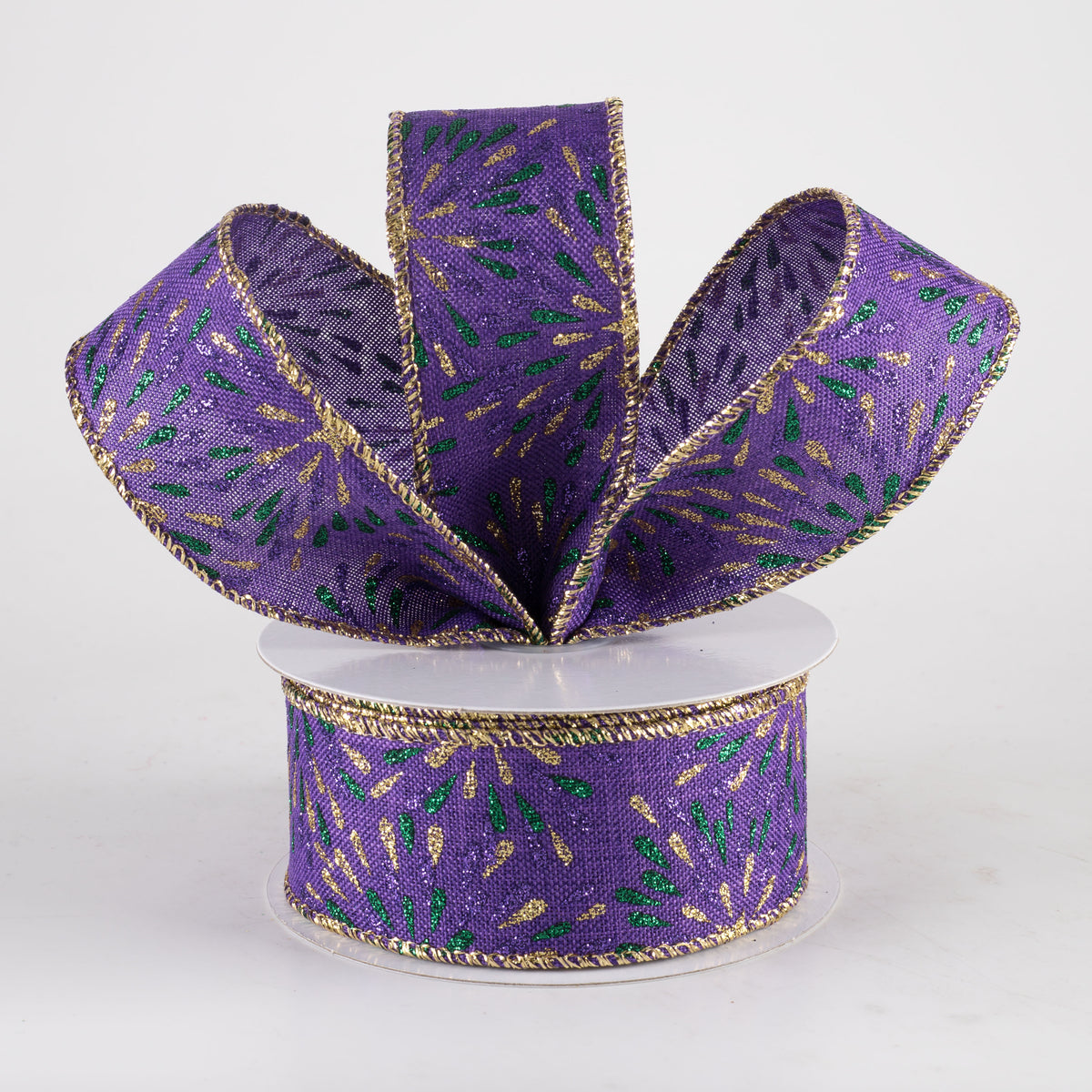 1.5" Linen Glittered Starbusts Ribbon: Mardi Gras (10 Yards) Lifestyle Photo