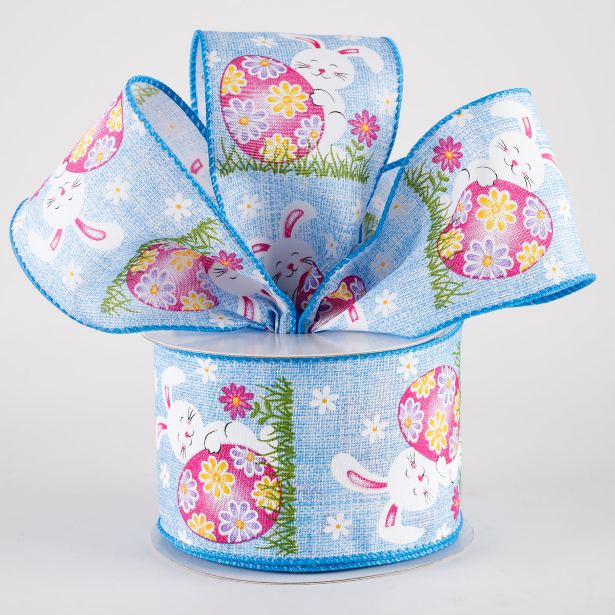 2.5" Linen Happy Bunny Egg Ribbon: Blue (10 Yards) Lifestyle Photo