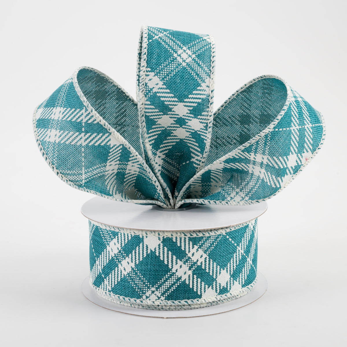 1.5" Linen Hazel Diagonal Plaid Ribbon: Teal Blue (10 Yards) Lifestyle Photo