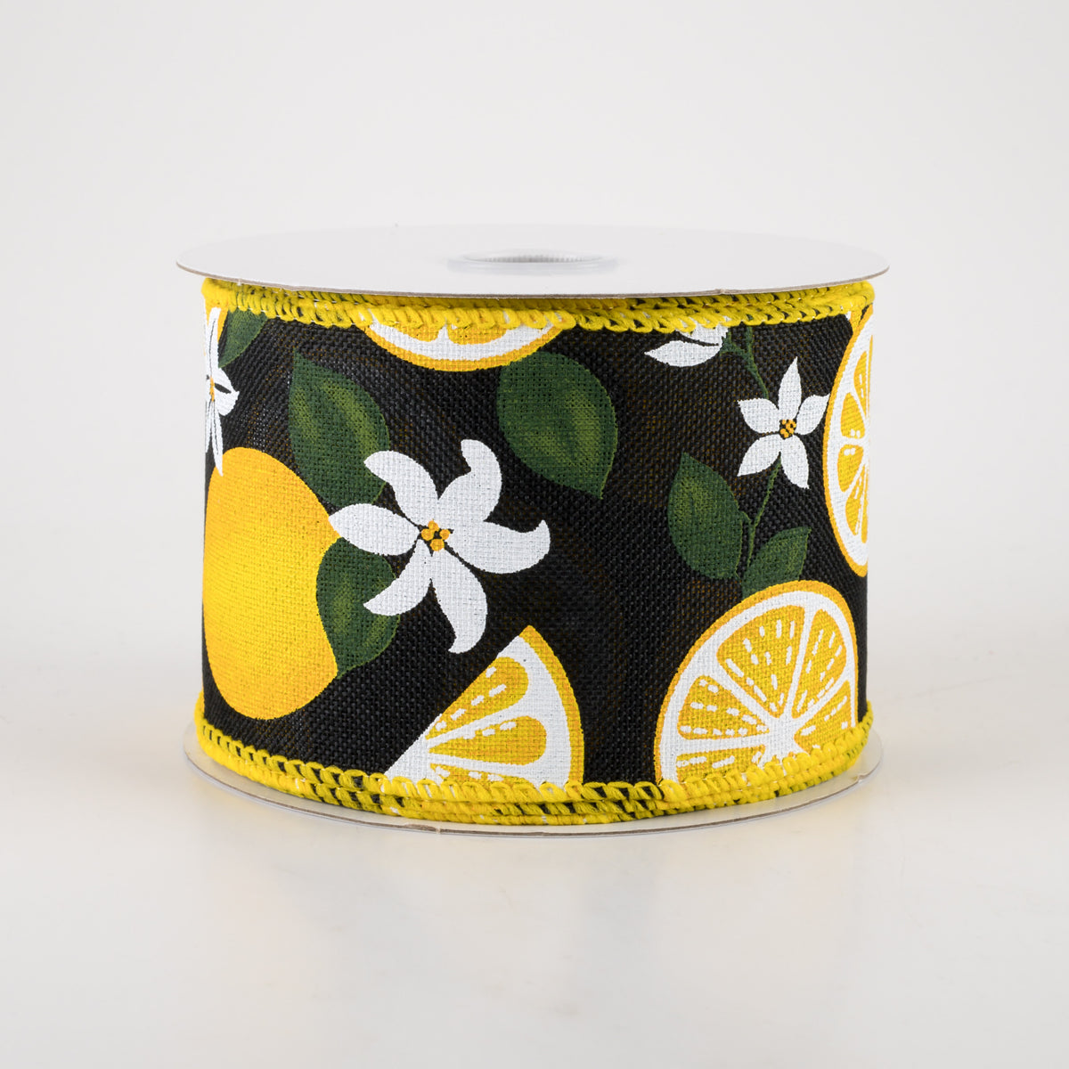 2.5" Linen Lemons & Flowers Ribbon: Black (10 Yards)
