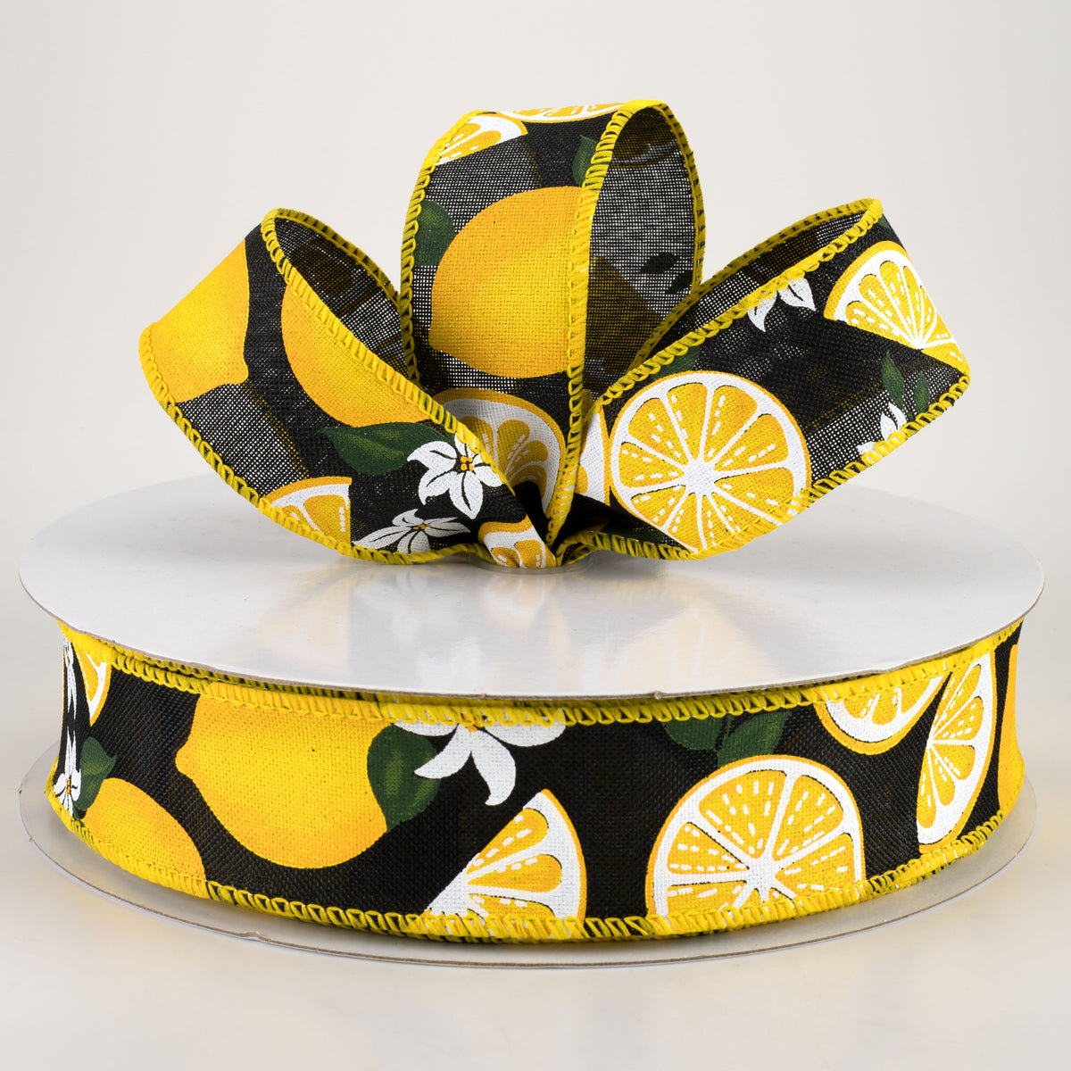 1.5" Linen Lemons & Flowers Ribbon: Black (50 Yards) Lifestyle Photo