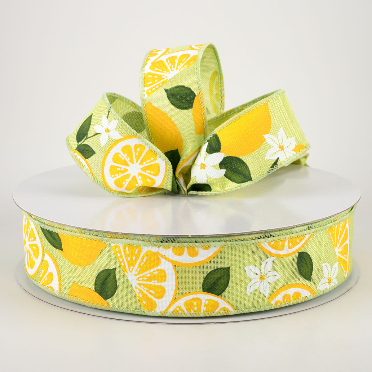 1.5" Linen Lemons & Flowers Ribbon: Lime Green (50 Yards) Lifestyle Photo