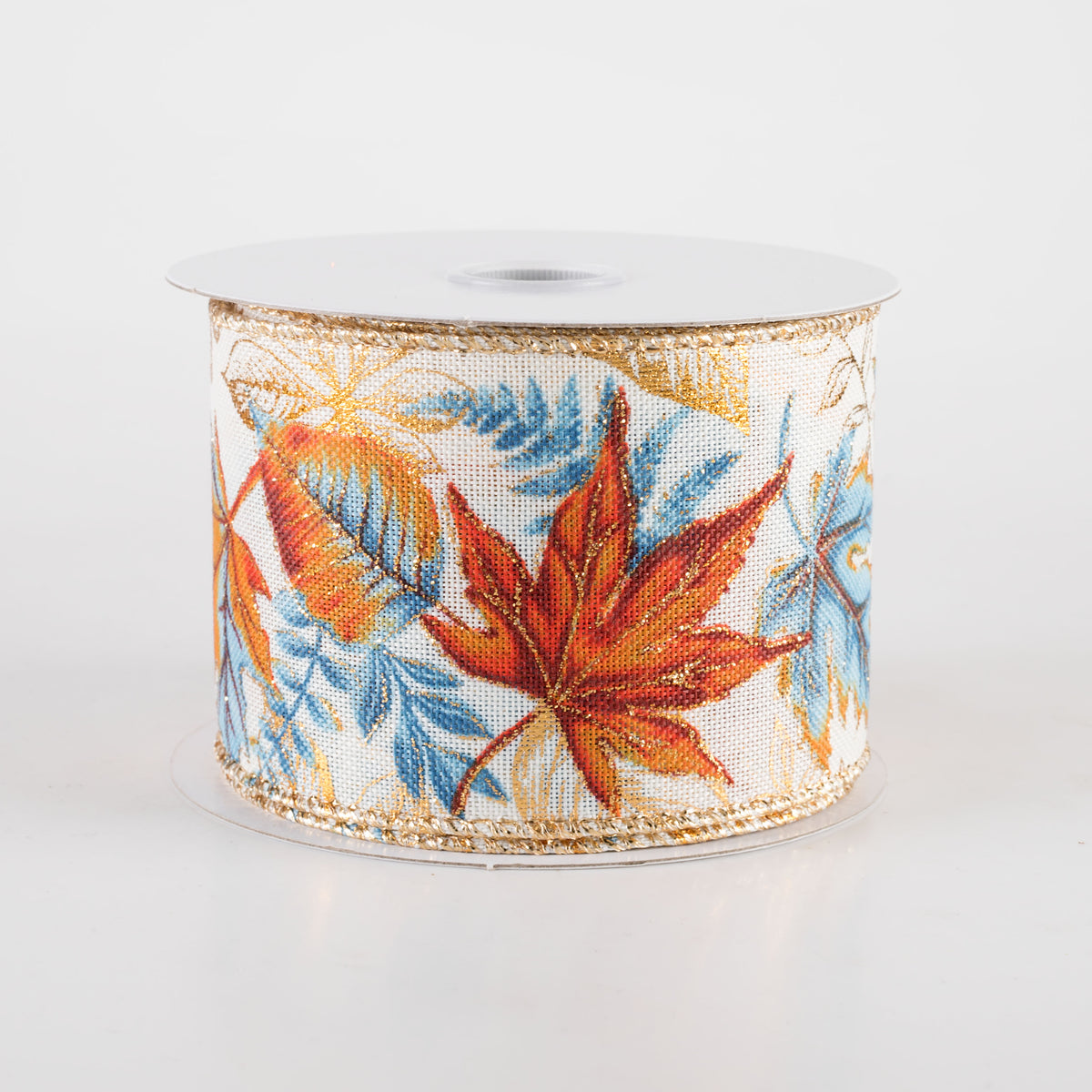 2.5" Linen Metallic Fall Leaves & Ferns Ribbon: Smoke Blue & Orange (10 Yards) Item Number: 61407-40-05