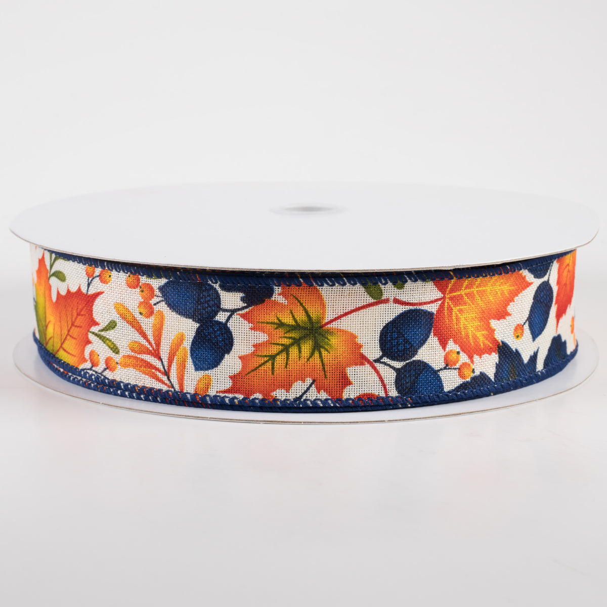 1.5" Linen Navy Fall Leaves Ribbon: Ivory (50 Yards)