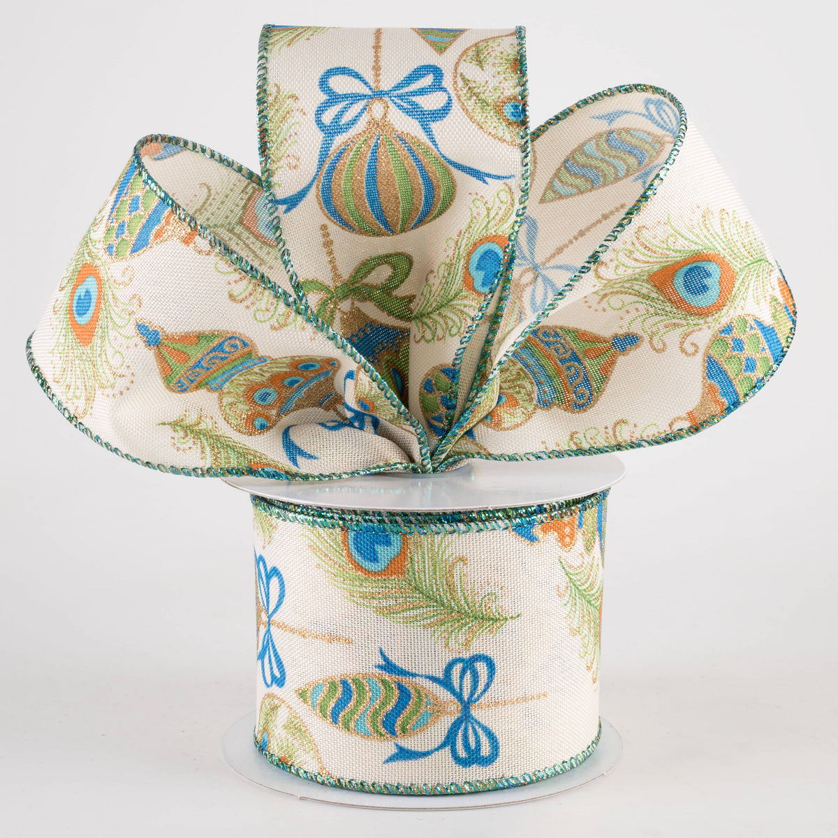 2.5" Linen Peacock Ornaments Ribbon: Ivory (10 Yards) Lifestyle Photo
