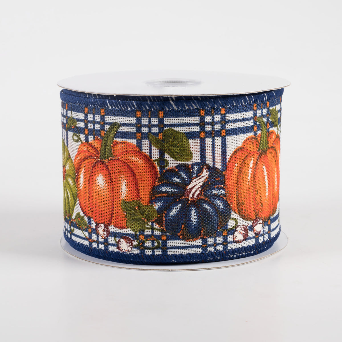 2.5" Linen Plaid Pumpkins Ribbon: Orange, Moss, Navy Blue (10 Yards)