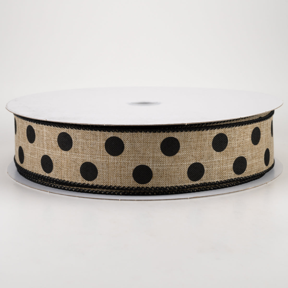 1.5" Linen Polka Dot Ribbon: Black on Natural (50 Yards)