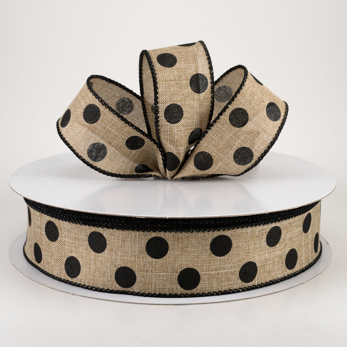 1.5" Linen Polka Dot Ribbon: Black on Natural (50 Yards) Lifestyle Photo