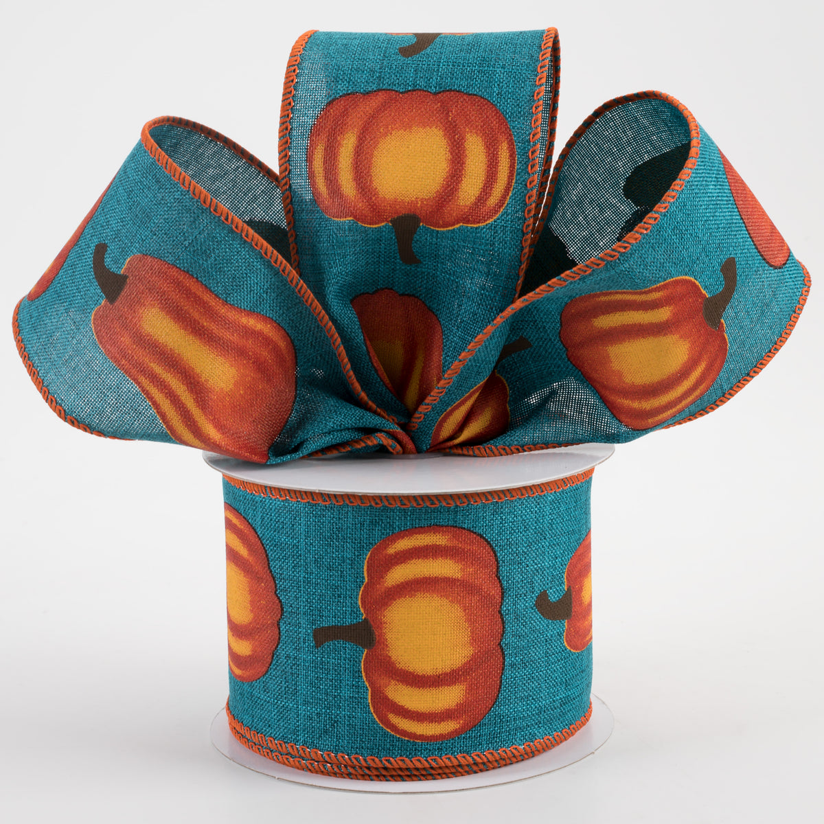 2.5" Linen Pumpkins Ribbon: Teal & Orange (10 Yards) Lifestyle Photo