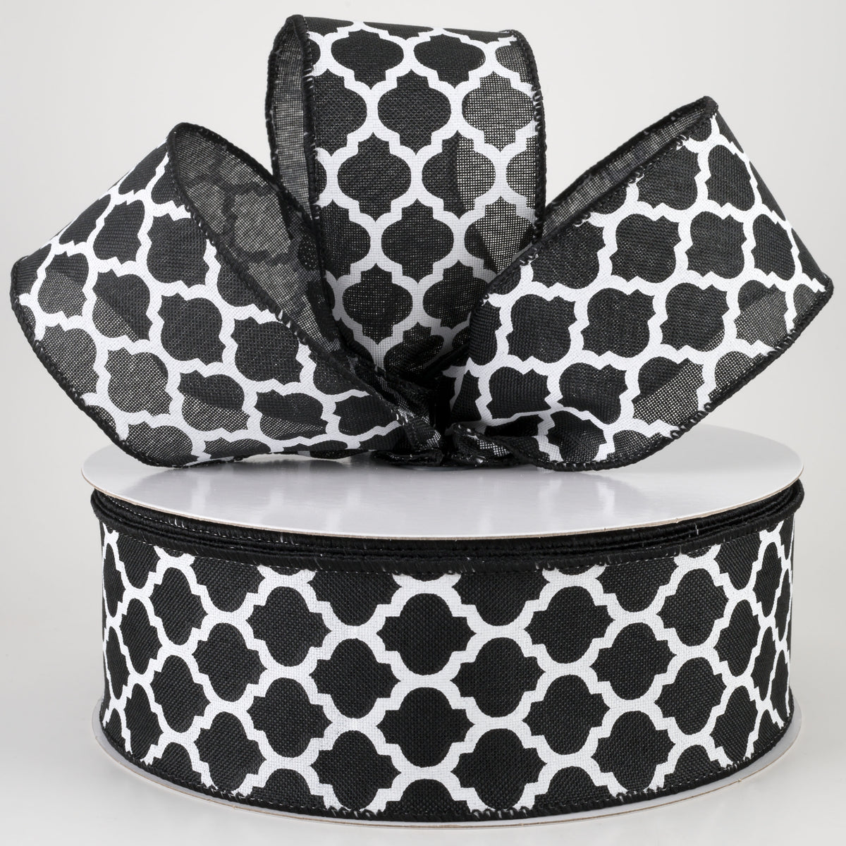 2.5" Linen Quatrefoil Lattice Ribbon: Black & White (50 Yards) Lifestyle Photo