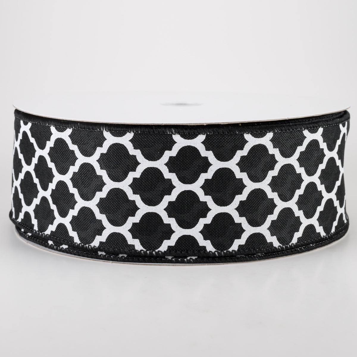2.5" Linen Quatrefoil Lattice Ribbon: Black & White (50 Yards)