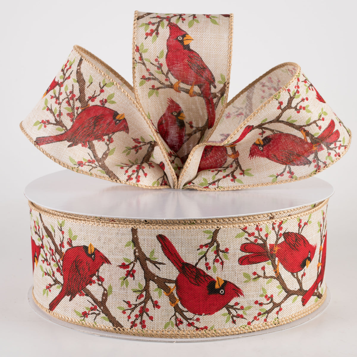 2.5" Linen Red Cardinal Bird on Branch Ribbon: Natural (50 Yards) Lifestyle Photo