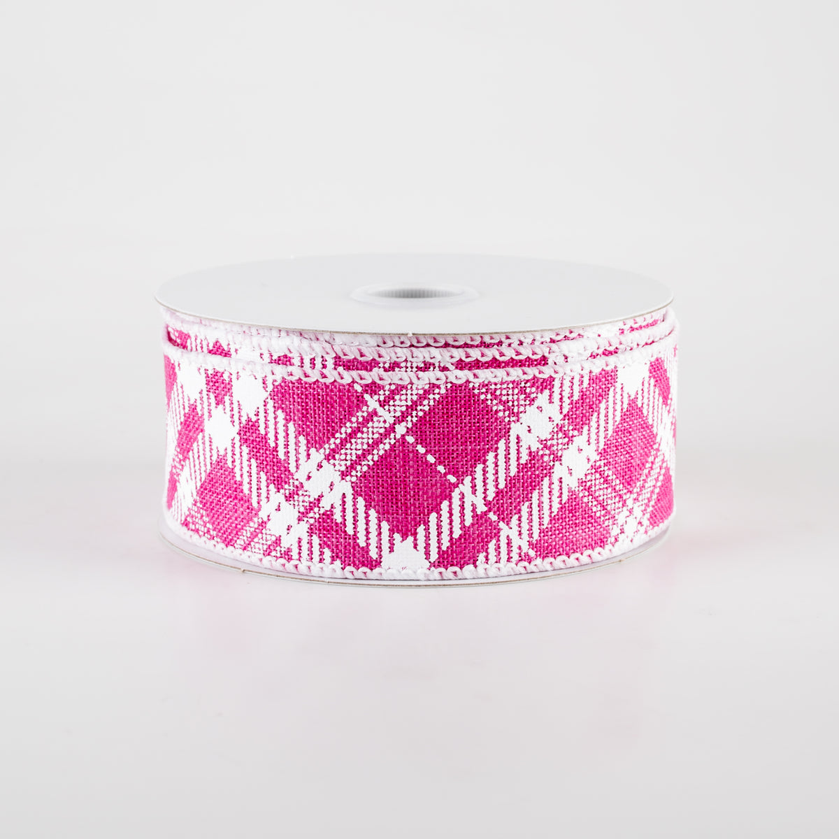 1.5" Linen Sandra Diagonal Plaid Ribbon: Hot Pink (10 Yards)