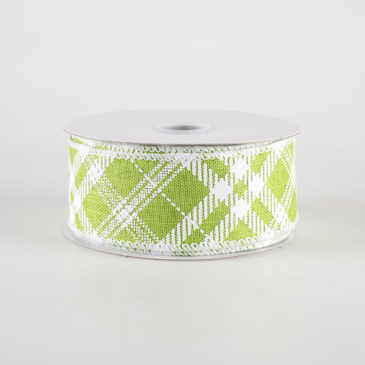 1.5" Linen Sandra Diagonal Plaid Ribbon: Lime Green (10 Yards)