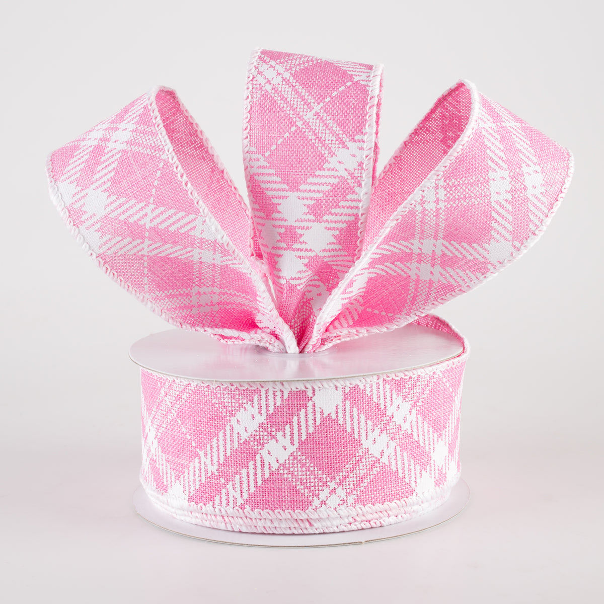 1.5" Linen Sandra Diagonal Plaid Ribbon: Pink (10 Yards) Lifestyle Photo