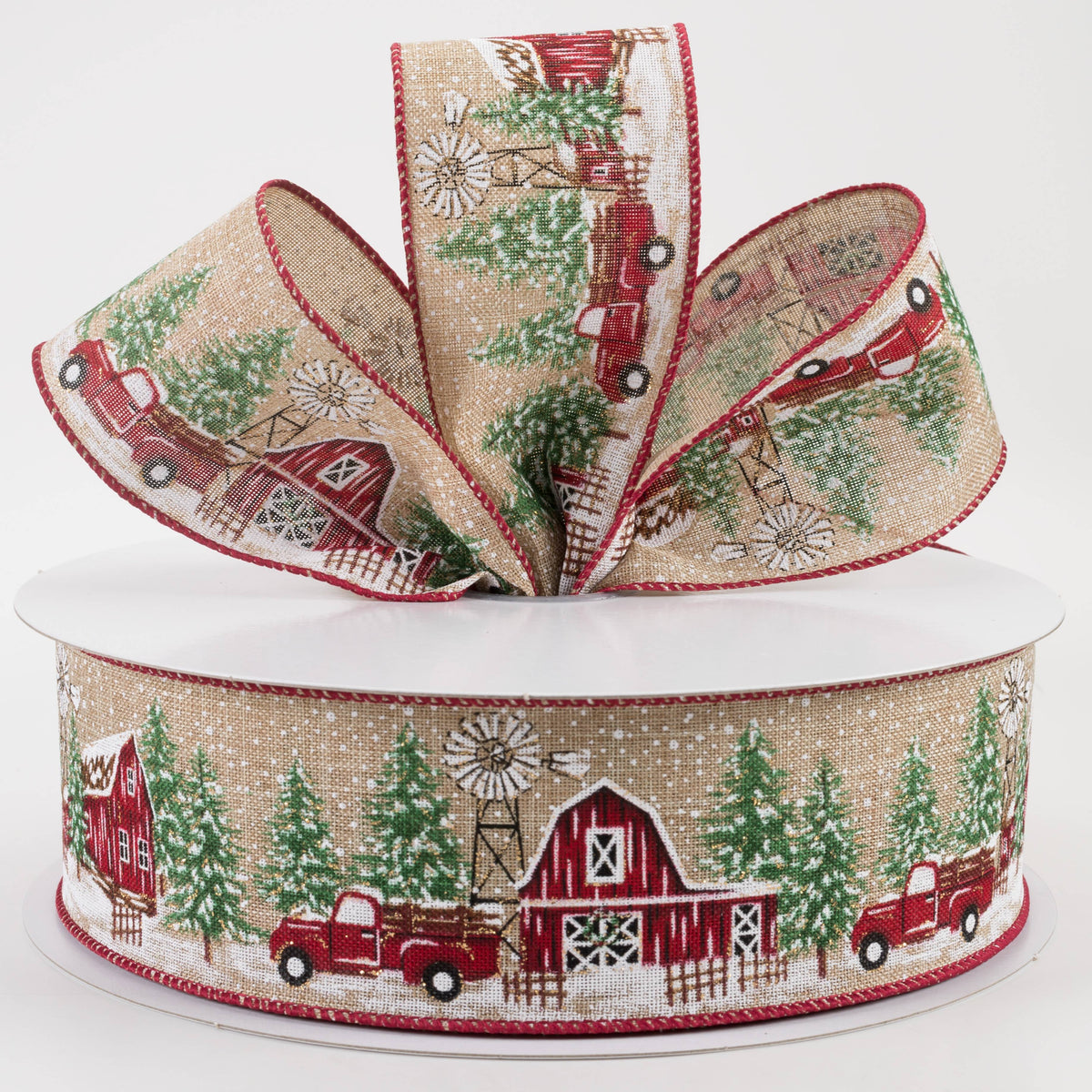 2.5" Linen Snowy Red Barn & Truck Ribbon: Natural (50 Yards) Lifestyle Photo