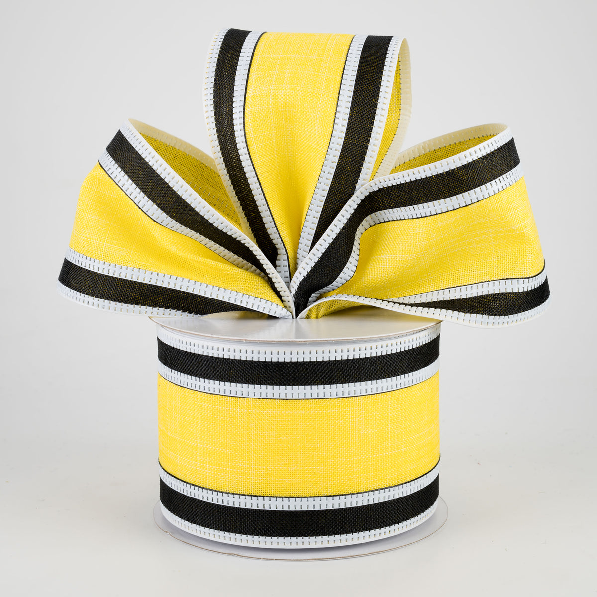 2.5" Linen Stripe Ribbon: Daffodil, Black, White (10 Yards) Lifestyle Photo