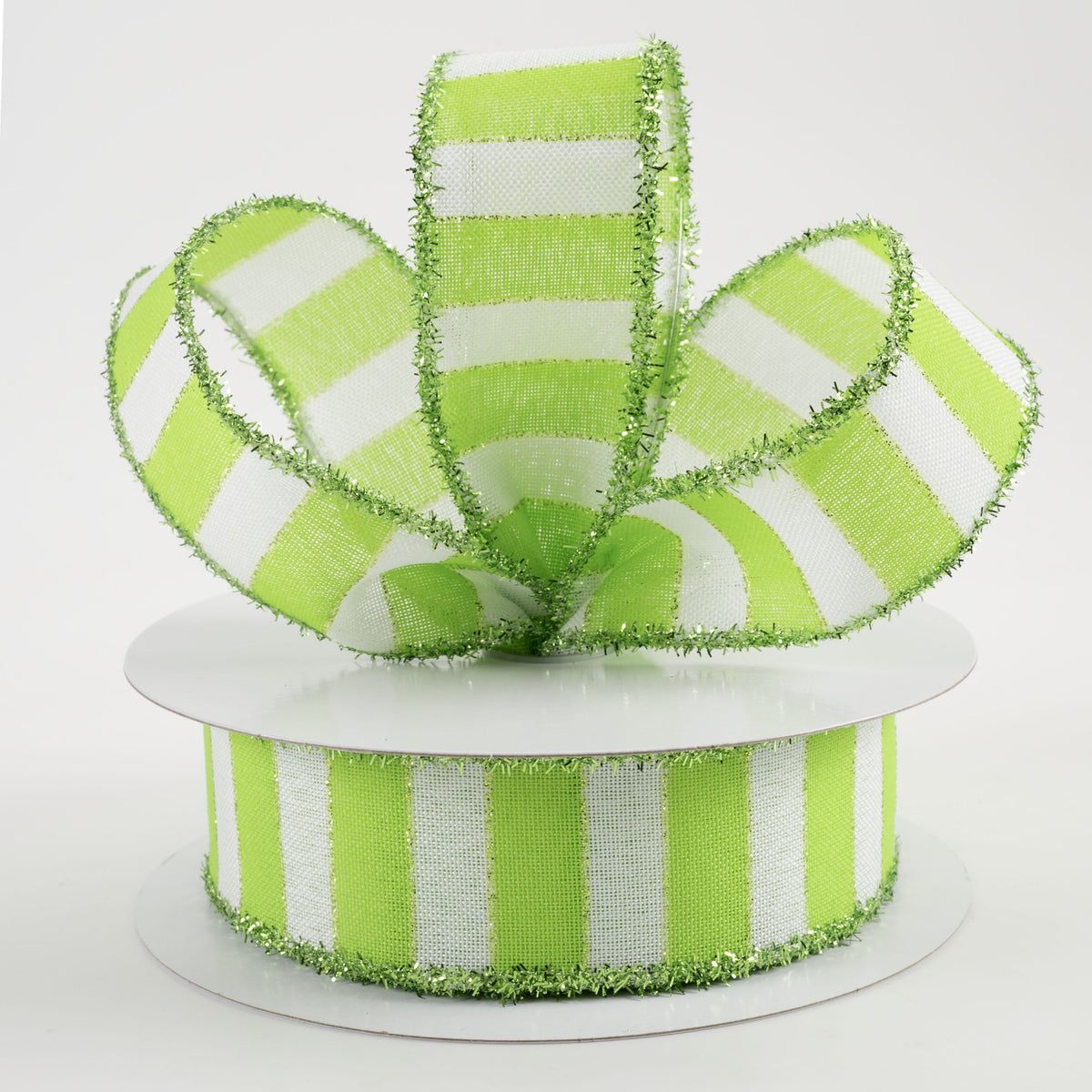 1.5" Linen Stripes Tinsel Edge Ribbon: Lime & White (10 Yards) Lifestyle Photo
