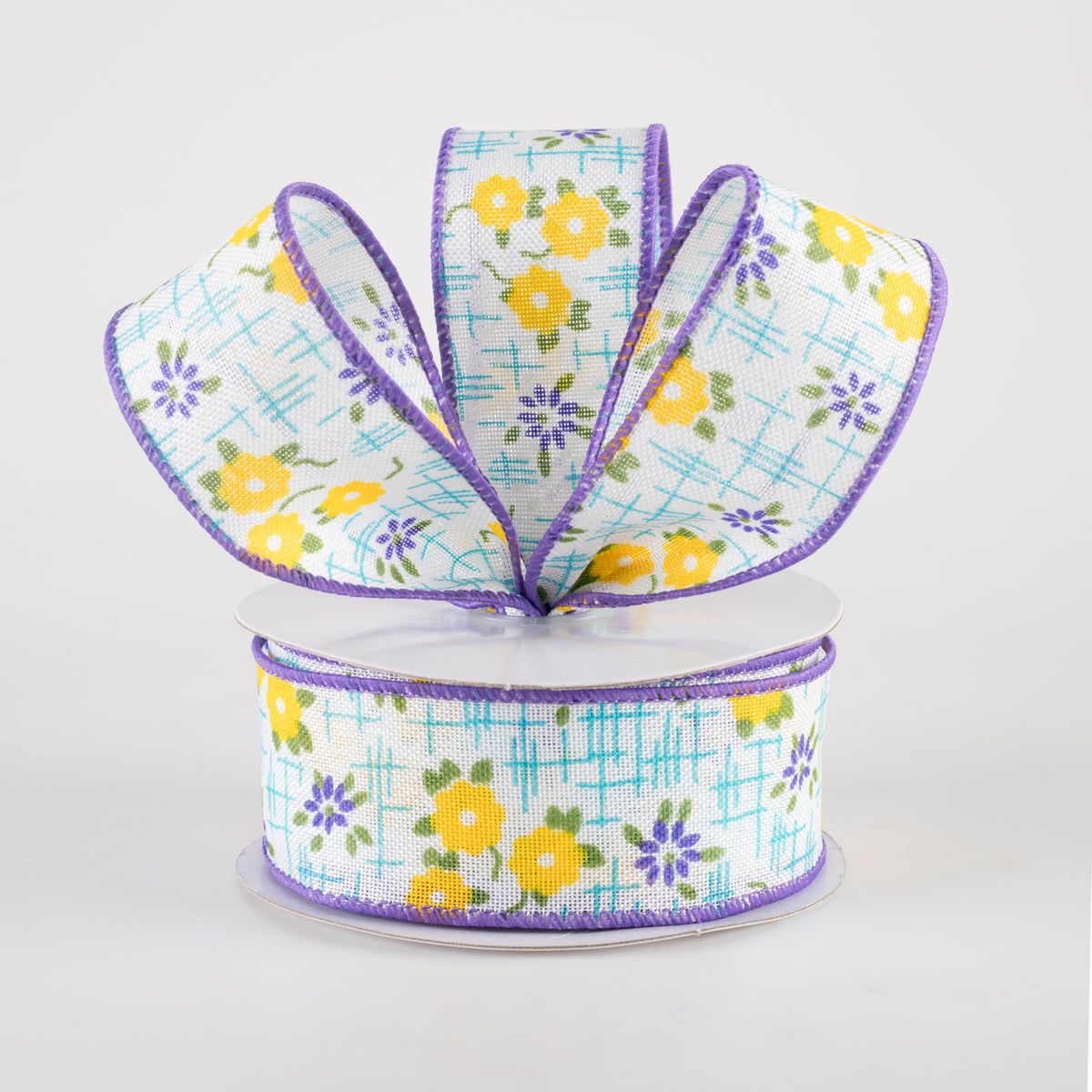 1.5" Linen Textured Flowers Ribbon: Purple, Yellow, Aqua Blue (10 Yards) Lifestyle Photo