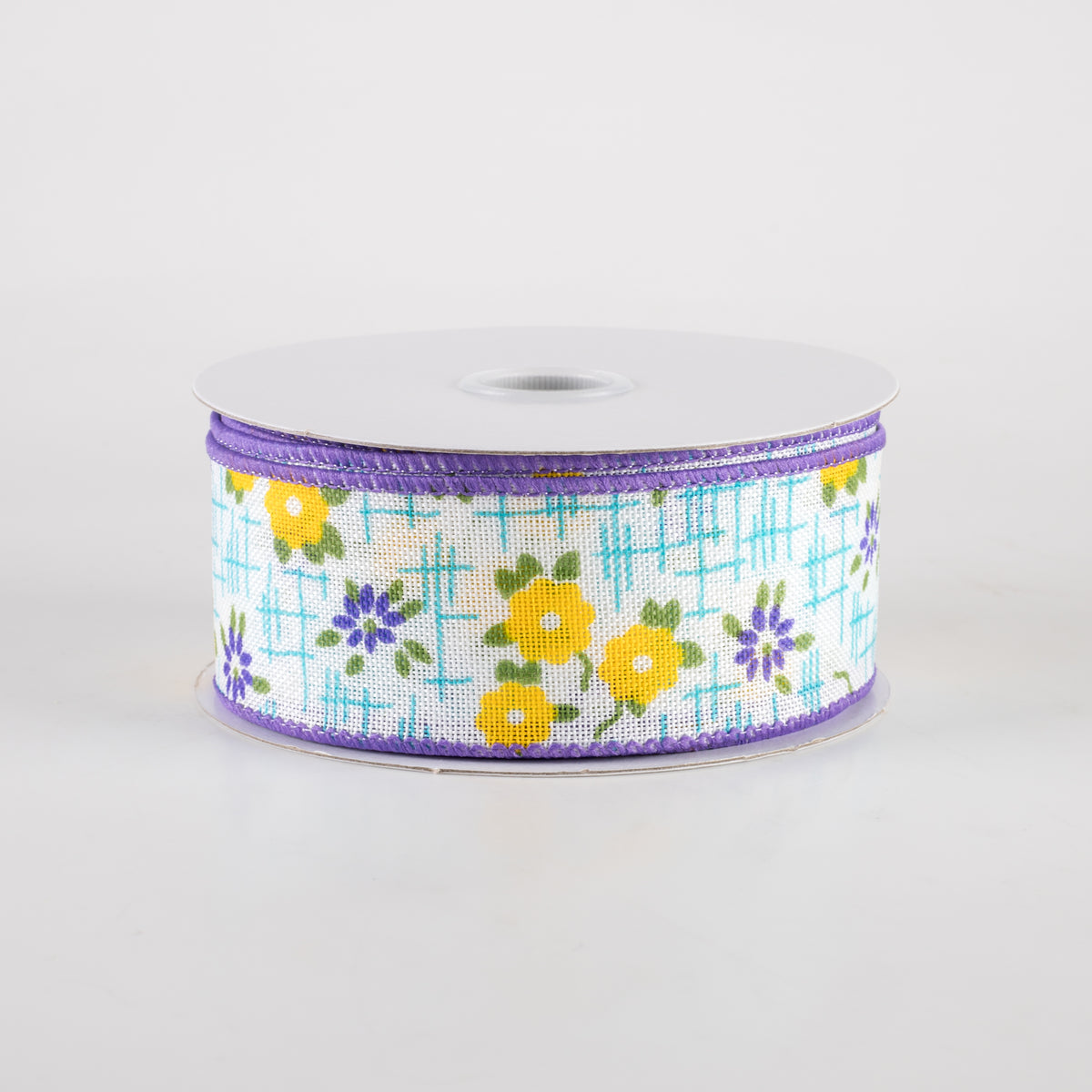 1.5" Linen Textured Flowers Ribbon: Purple, Yellow, Aqua Blue (10 Yards) Item Number: 42415-09-48