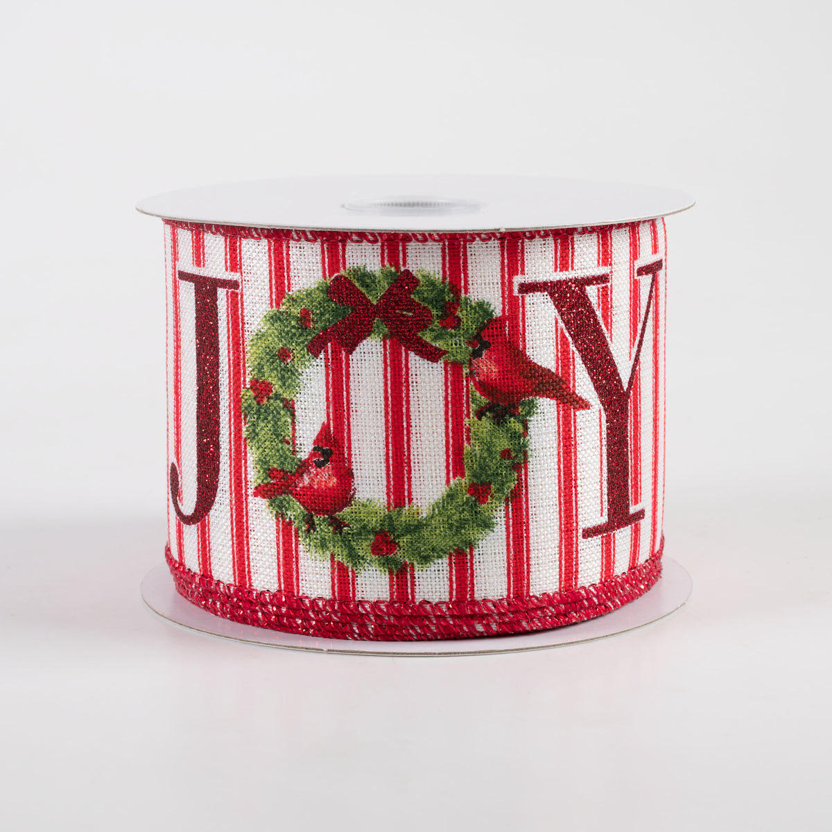 2.5" Linen Ticking Joy Christmas Wreath Ribbon: Ivory & Red (10 Yards)