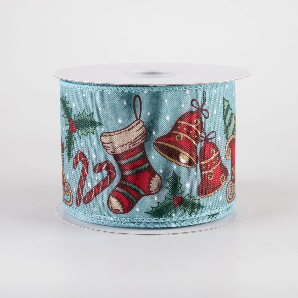2.5" Linen Vintage Christmas Icons Ribbon: Dusty Blue (10 Yards) Item Number: 71460-40-05