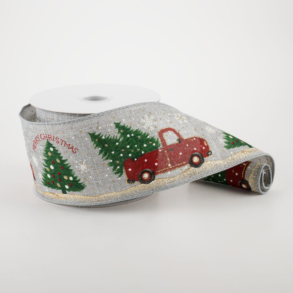 2.5" Linen Vintage Red Tree Truck Ribbon: Grey  (10 Yards) Lifestyle Photo