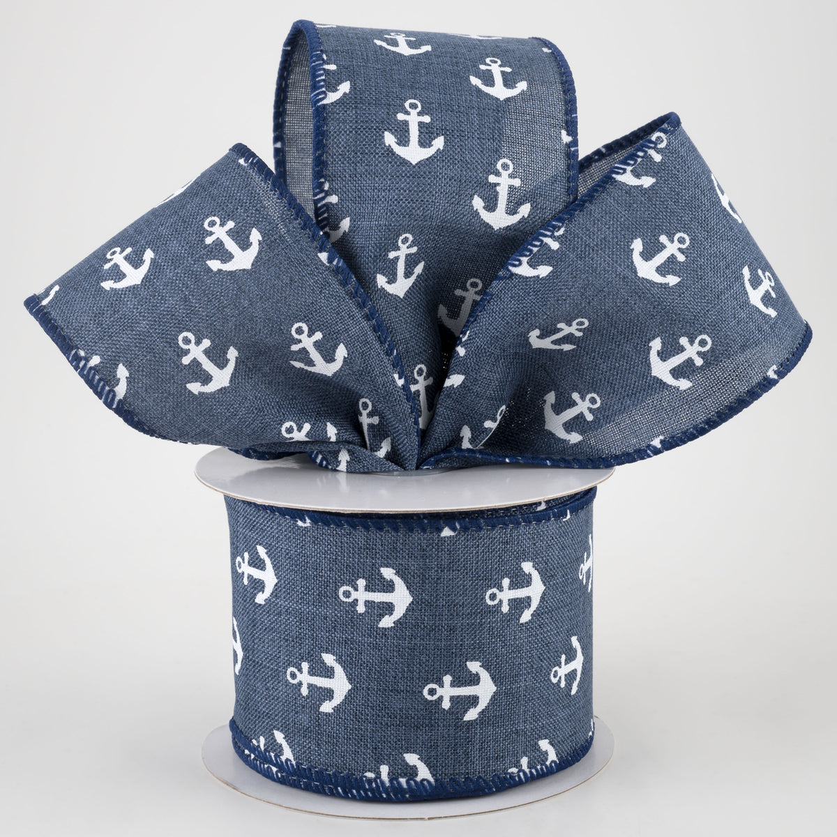 2.5" Linen White Anchors Ribbon: Dark Blue Jean (10 Yards) Lifestyle Photo