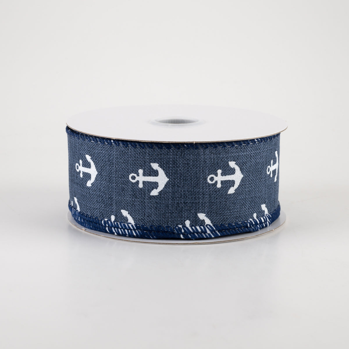 1.5" Linen White Anchors Ribbon: Dark Blue Jean (10 Yards)
