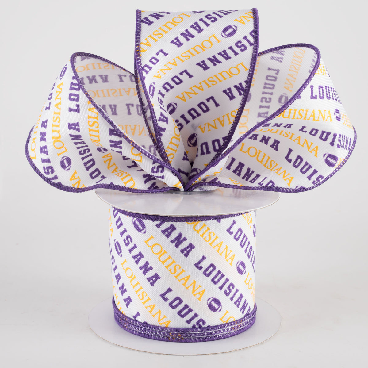 2.5" Louisiana Diagonal Football Pattern Ribbon: Purple & Gold (10 Yards) Lifestyle Photo