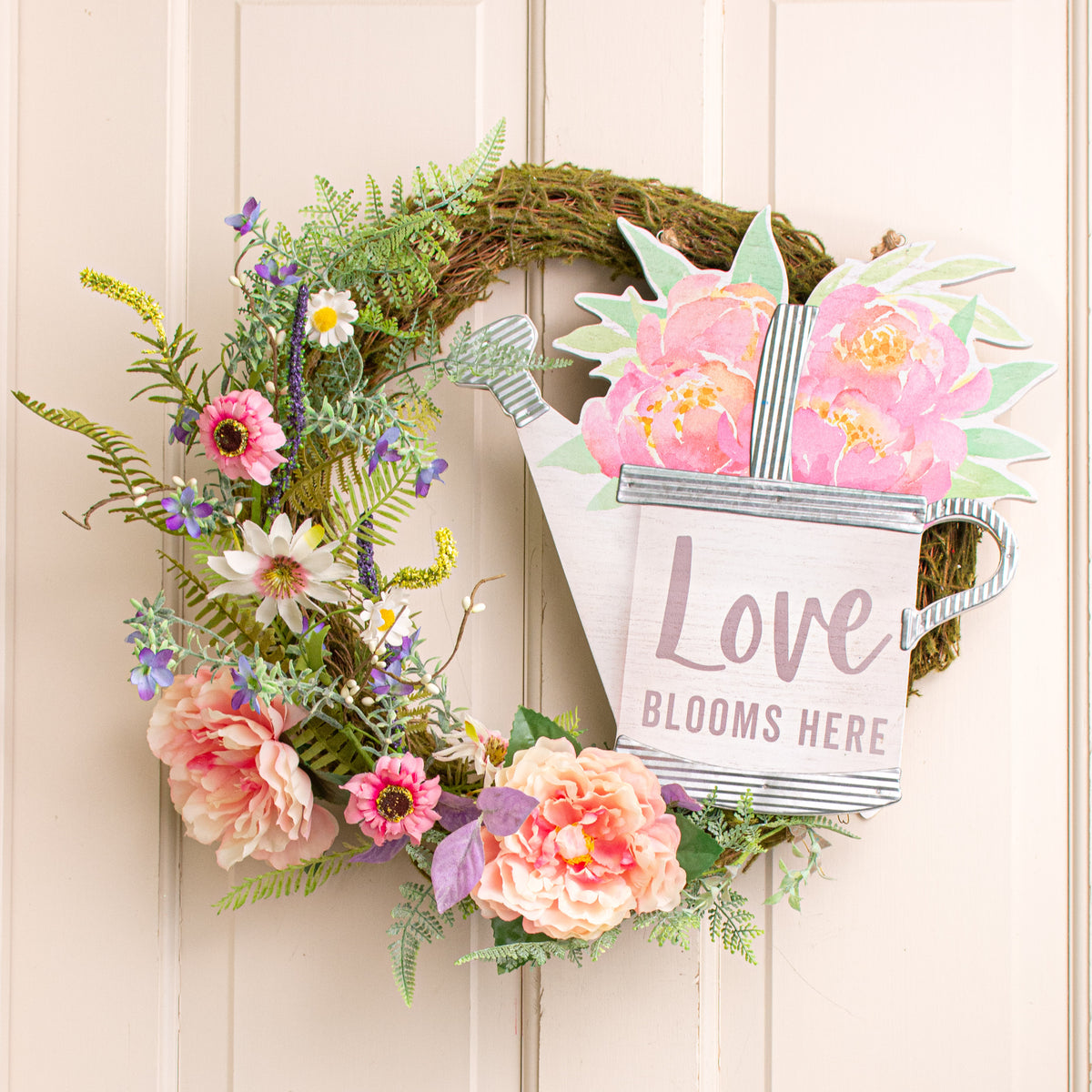 14" Love Blooms Watering Can Reversible Wall Hanging Lifestyle Photo