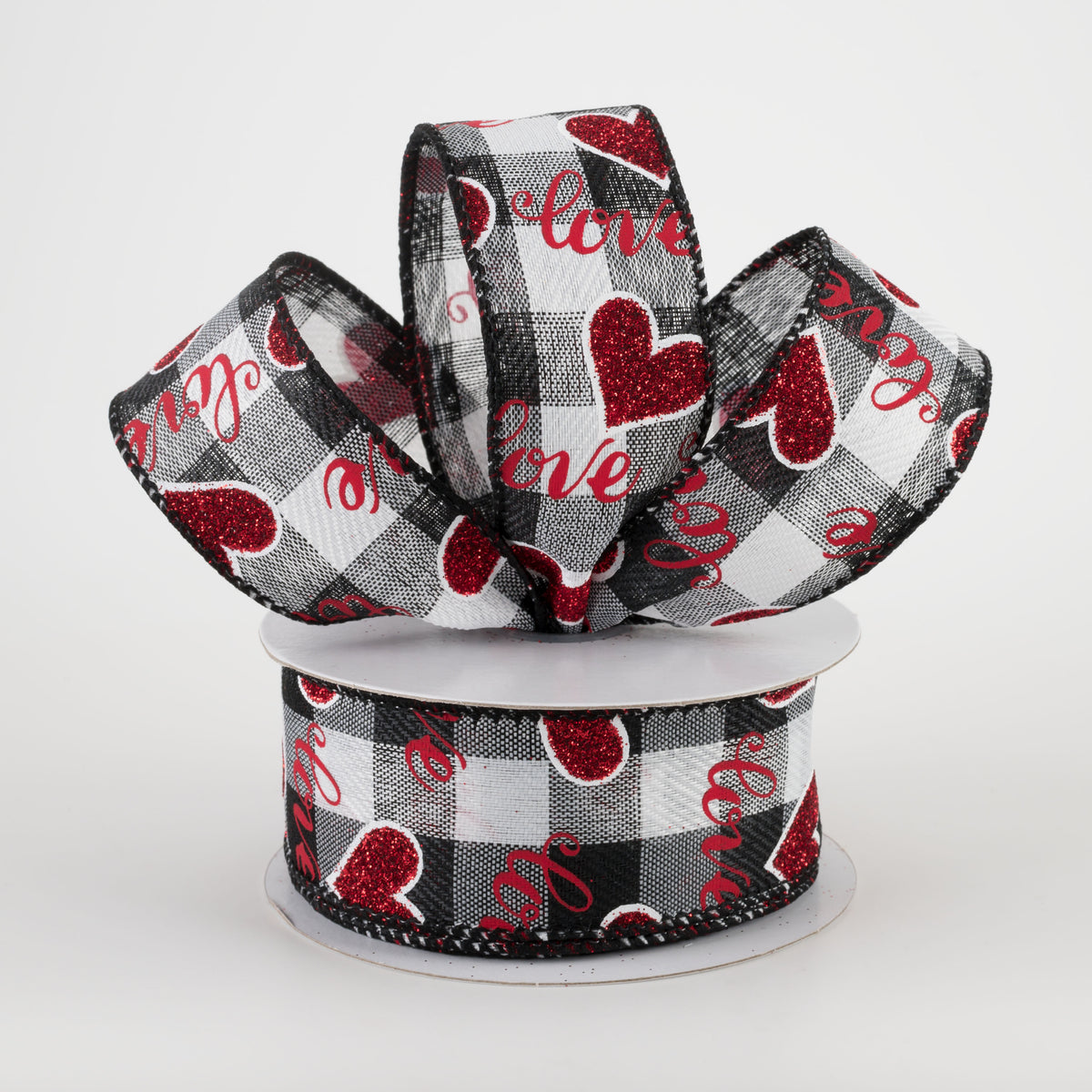 1.5" Love Script With Hearts Ribbon: Black & White Buffalo Plaid (10 Yards) Lifestyle Photo