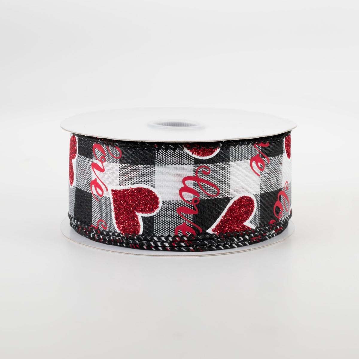 1.5" Love Script With Hearts Ribbon: Black & White Buffalo Plaid (10 Yards)
