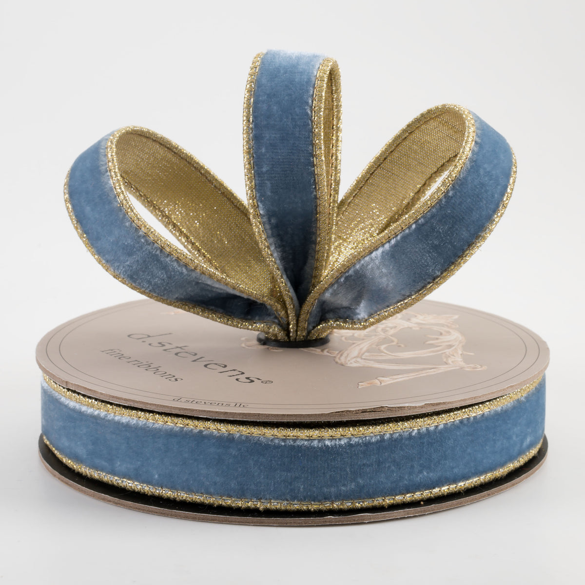 [D Stevens] 1" Lush Velvet Light Gold Back Ribbon: Dusty Blue (10 Yards) Lifestyle Photo