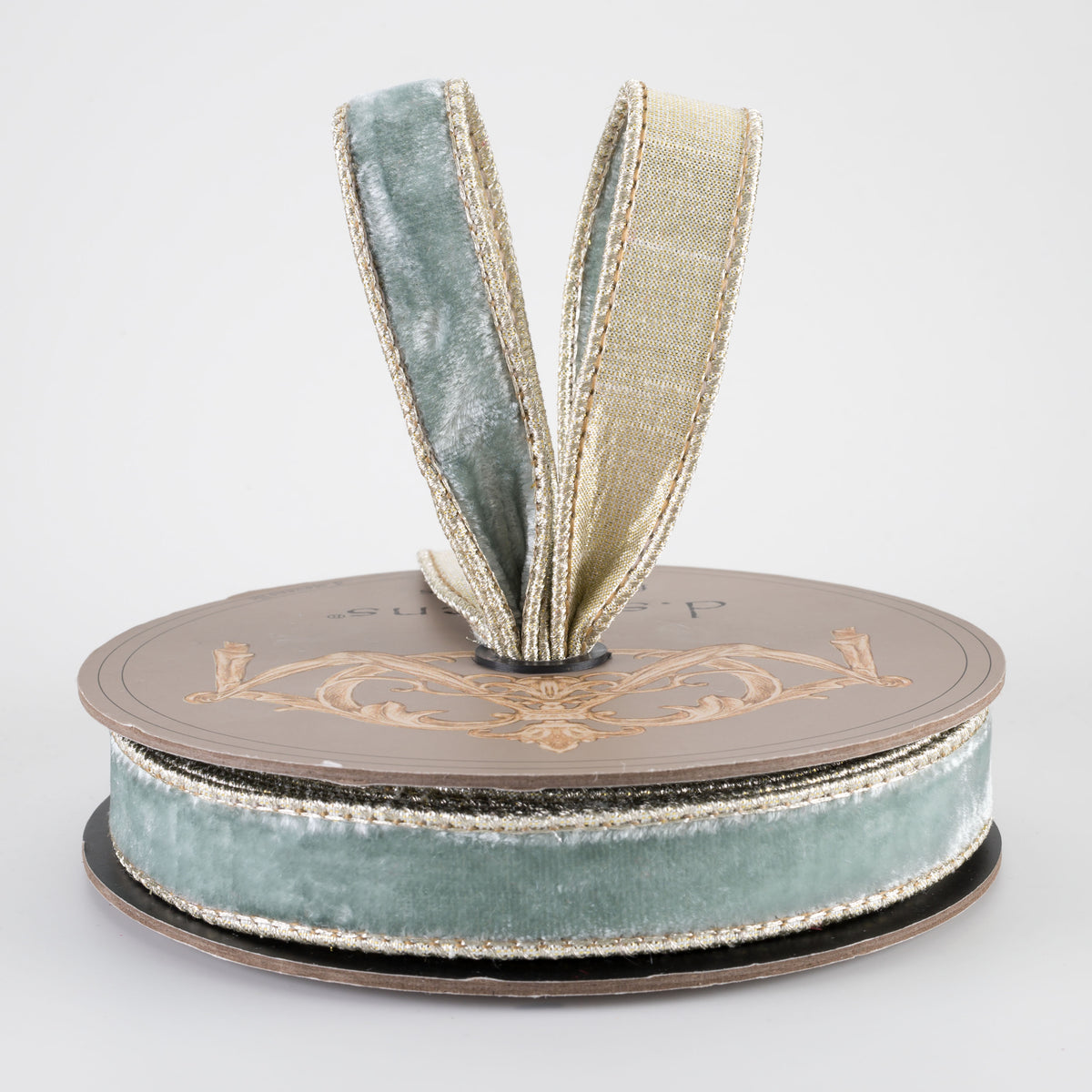 [D Stevens] 1" Lush Velvet Platinum Back Ribbon: Dusty Jade (10 Yards) Lifestyle Photo