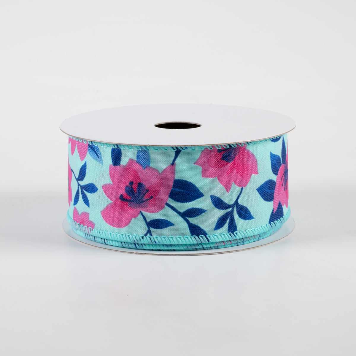1.5" Magnolias Satin Ribbon: Aqua & Fuchsia (10 Yards) Item Number: 41335-09-45