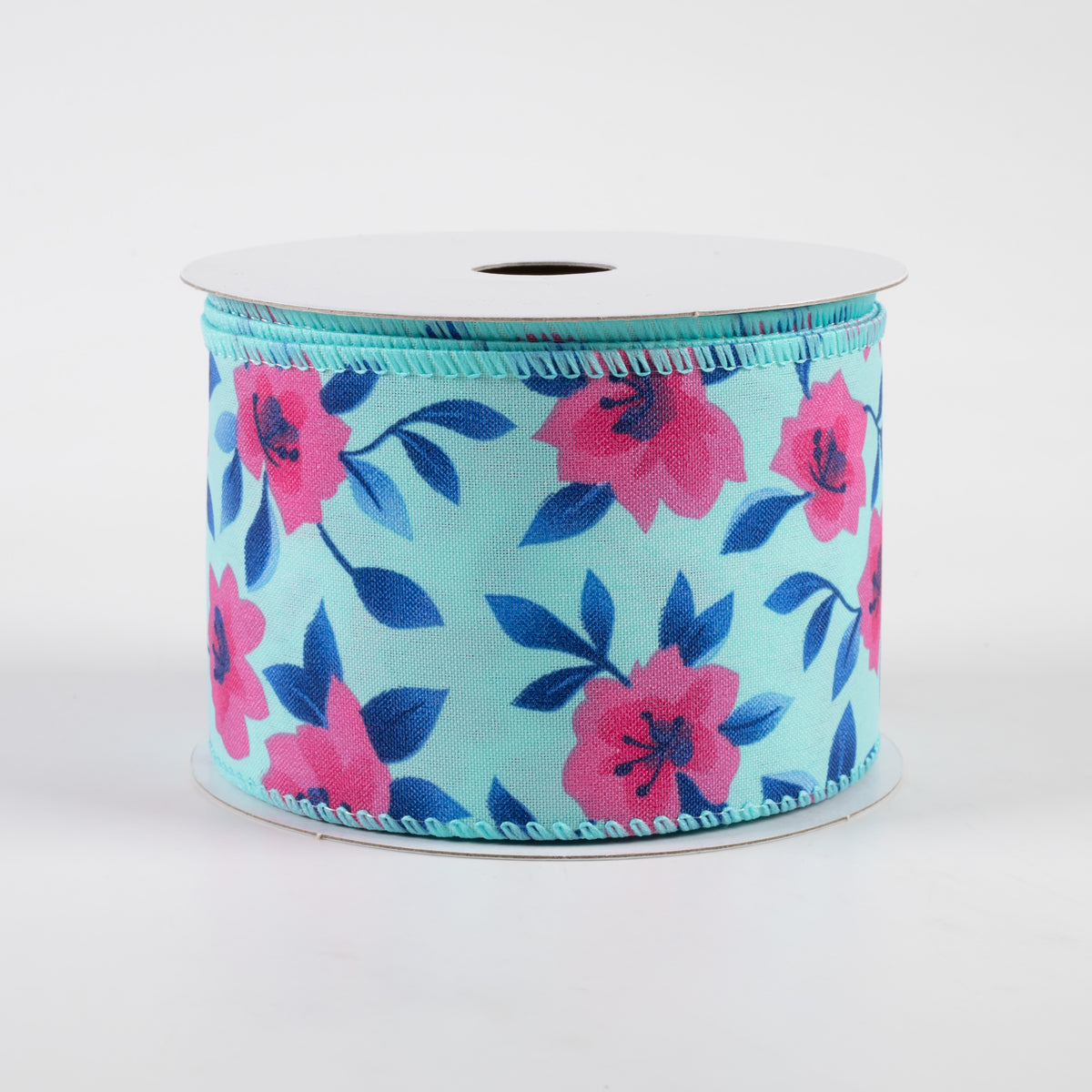 2.5" Magnolias Satin Ribbon: Aqua & Fuchsia (10 Yards) Item Number: 41335-40-45