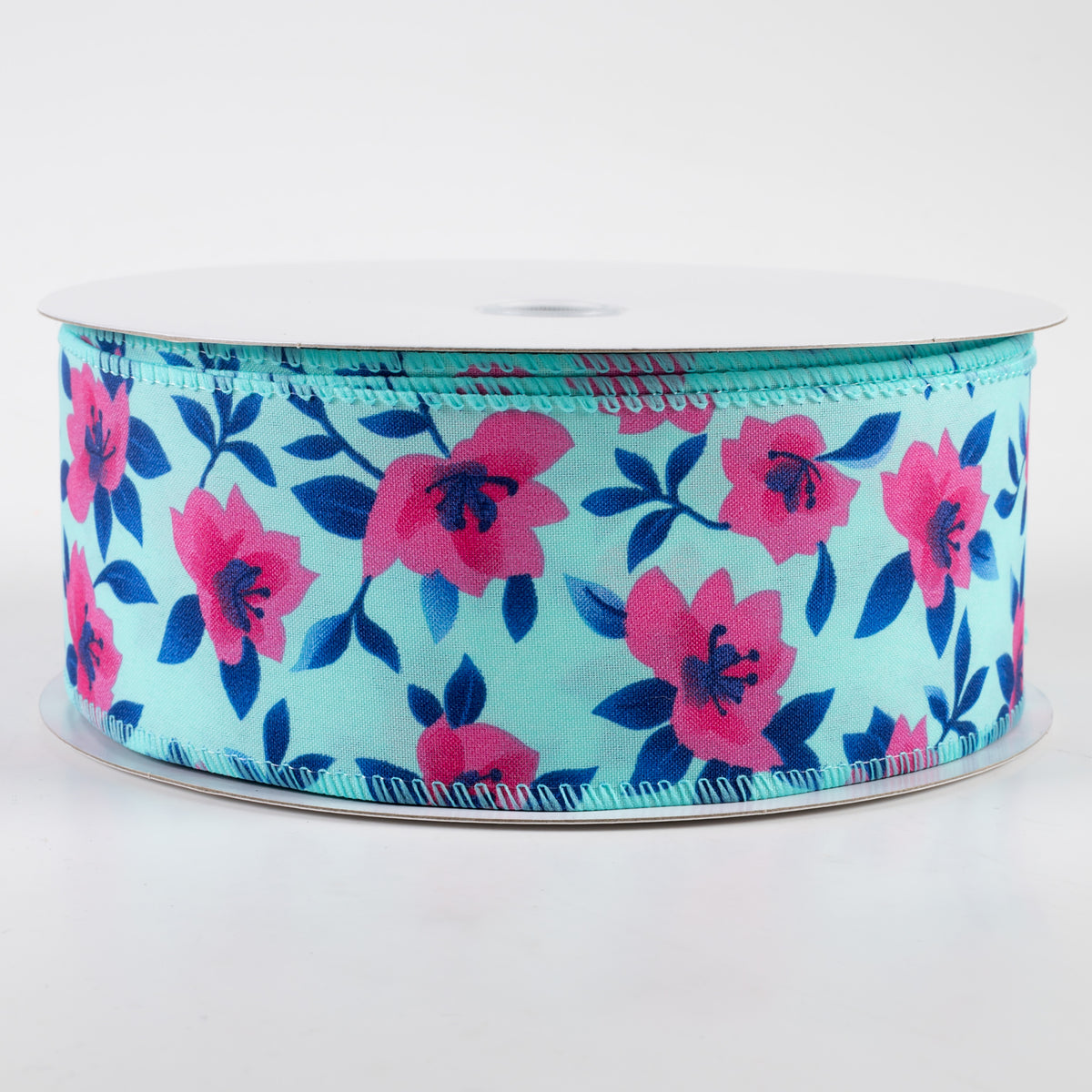 2.5" Magnolias Satin Ribbon: Aqua & Fuchsia (50 Yards) Item Number: 841-40-319