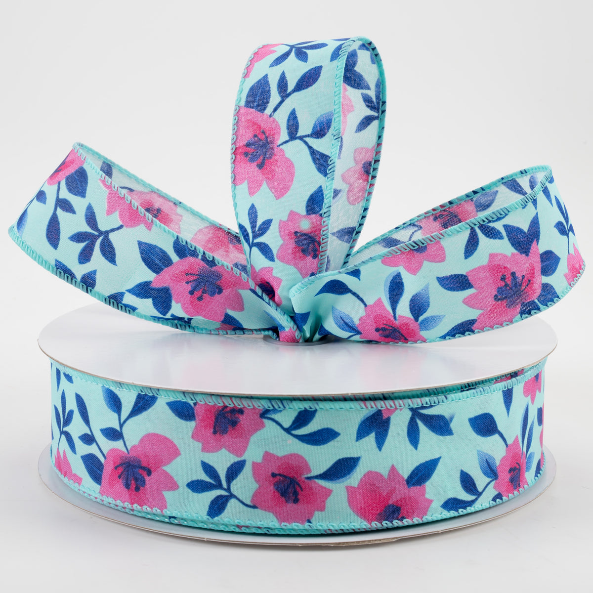 1.5" Magnolias Satin Ribbon: Aqua & Fuchsia (50 Yards) Lifestyle Photo
