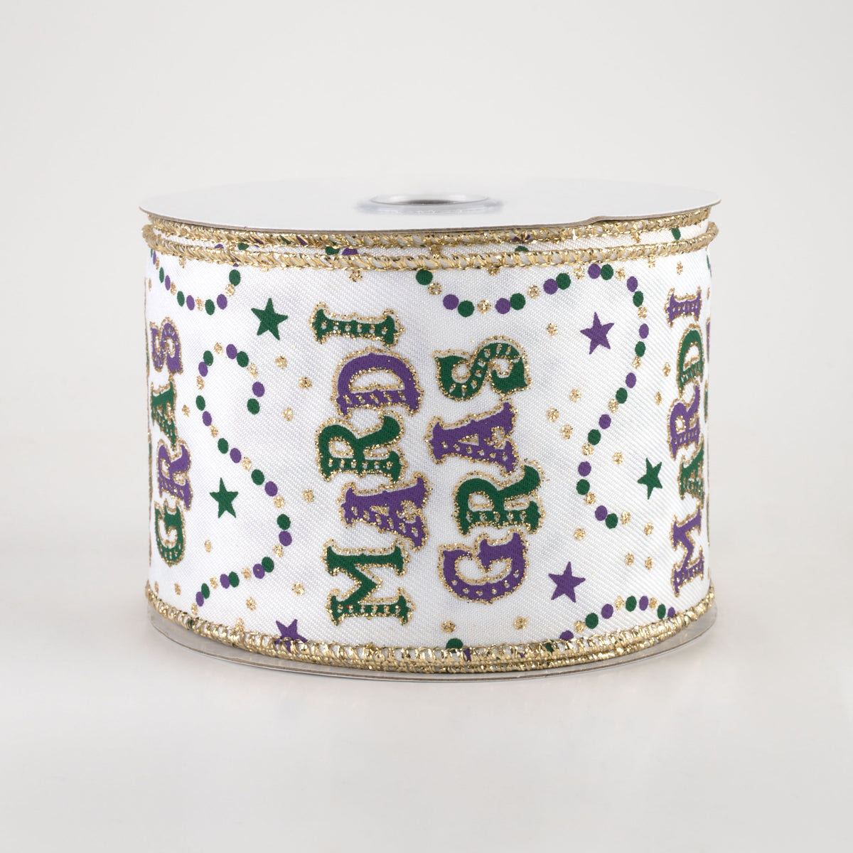 2.5" Mardi Gras With Beads Ribbon: White (10 Yards)