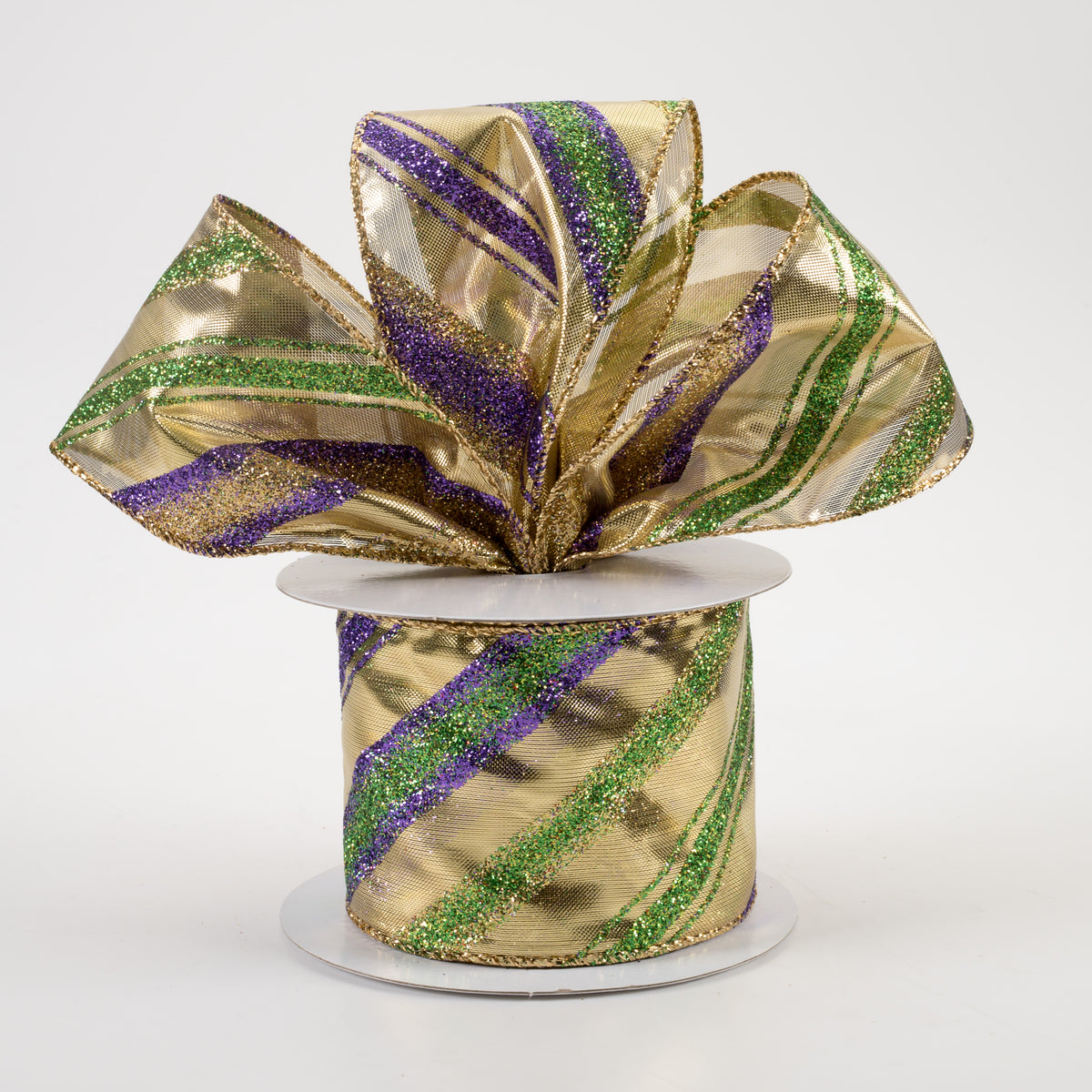 2.5" Mardi Gras Diagonal Stripes Lamé Ribbon (10 Yards) Lifestyle Photo