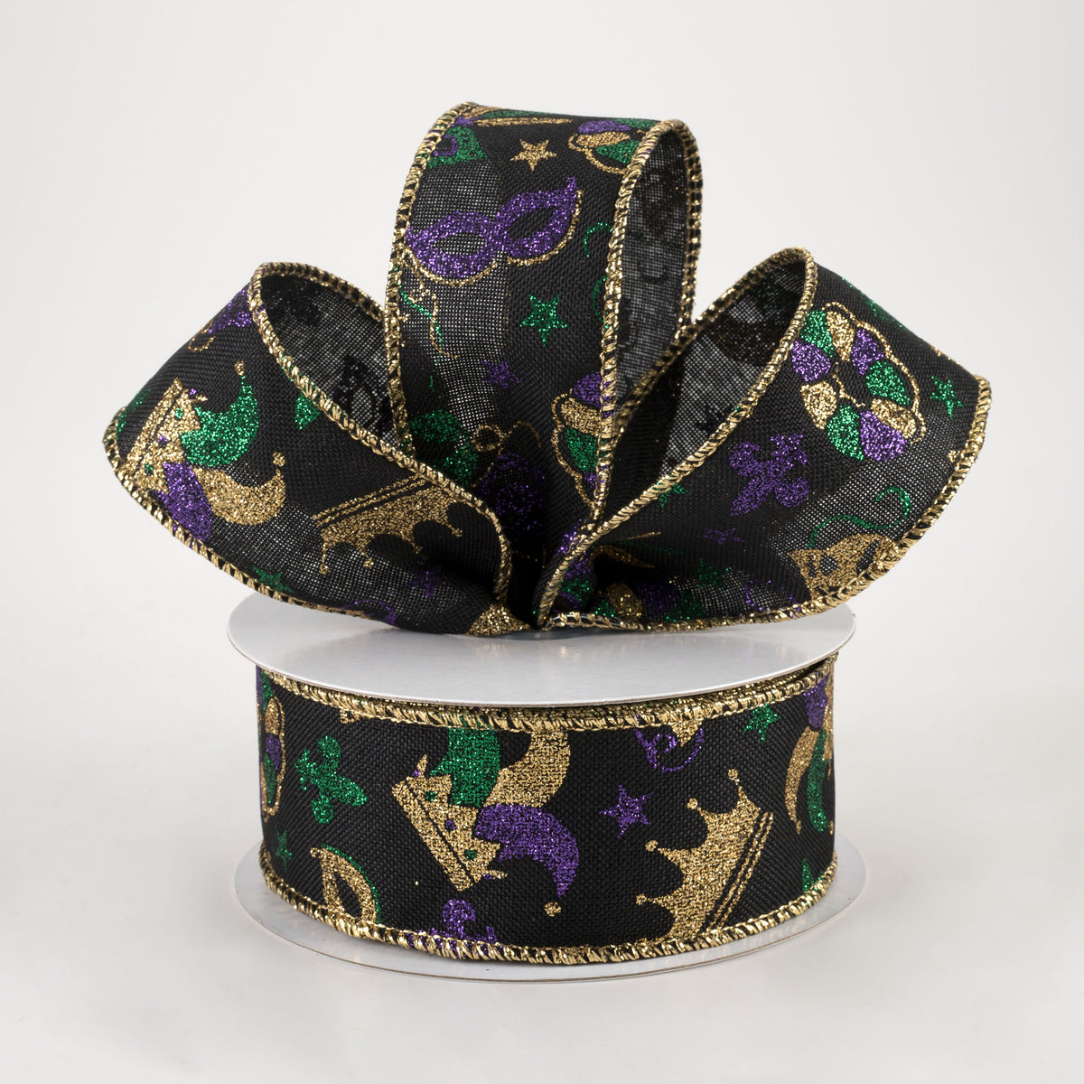 1.5" Mardi Gras Pattern Ribbon: Black (10 Yards) Lifestyle Photo