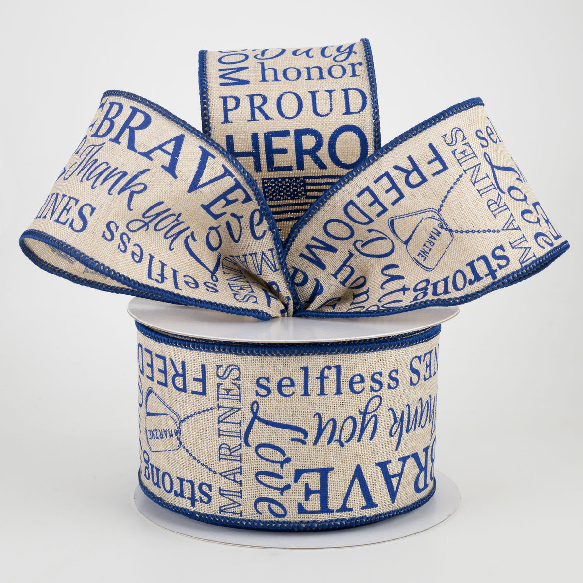 2.5" Marines Ribbon: Light Natural & Blue (10 Yards) Lifestyle Photo