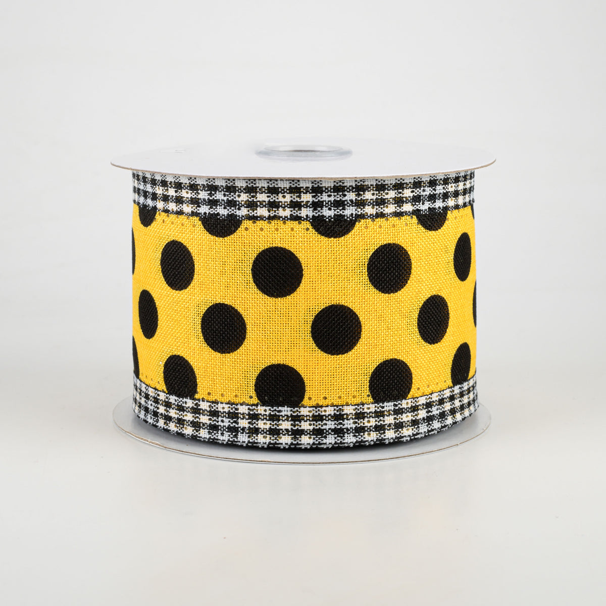 2.5" Medium Polka Dot Gingham Edge Ribbon: Yellow & Black (10 Yards)