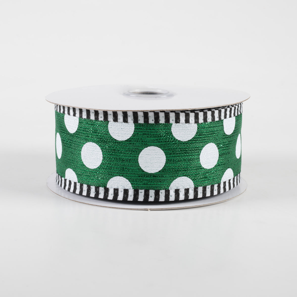 1.5" Medium Polka Dot Stripe Edge Ribbon: Emerald & White (10 Yards)