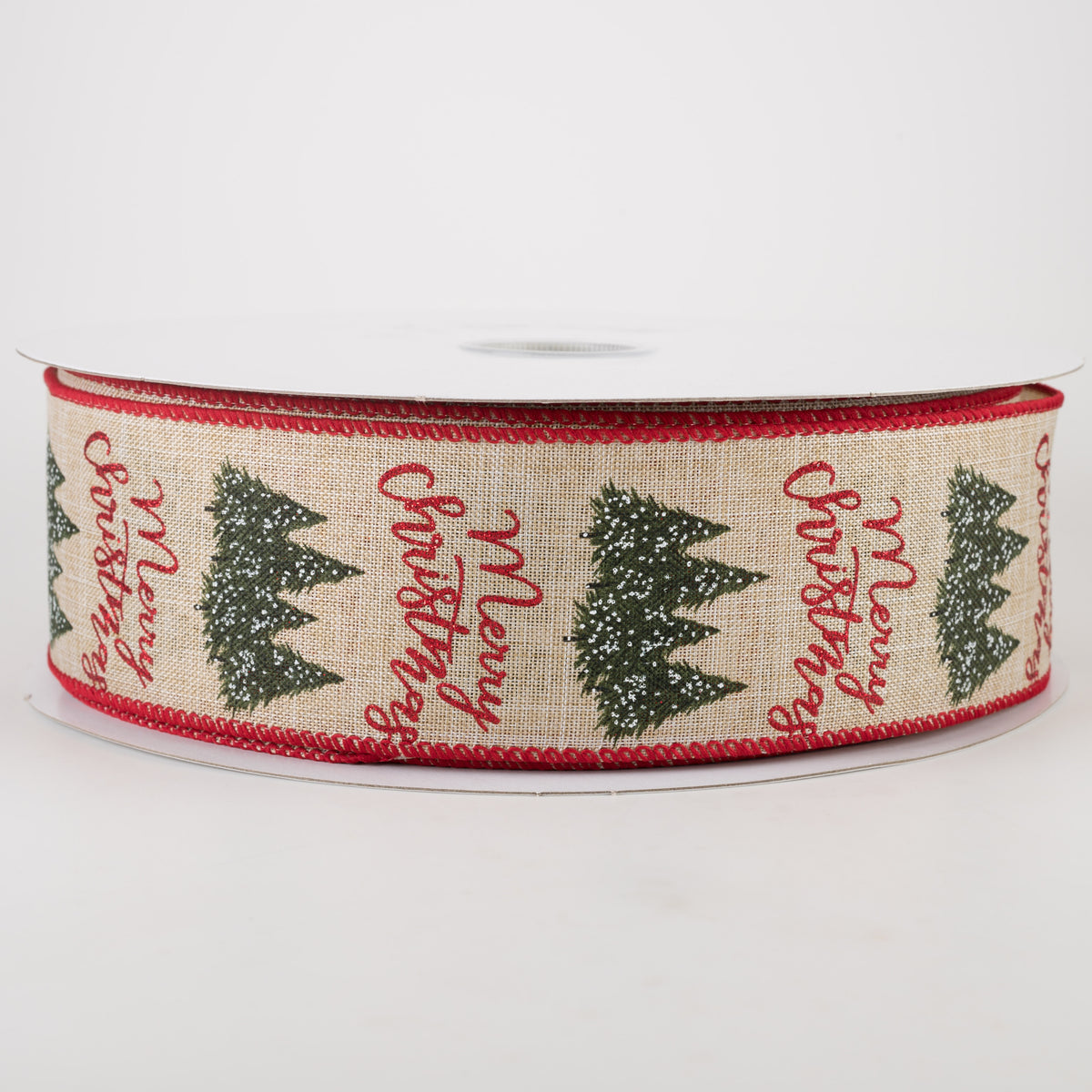 2.5" Merry Christmas & Snowy Trees Ribbon: Natural (50 Yards)