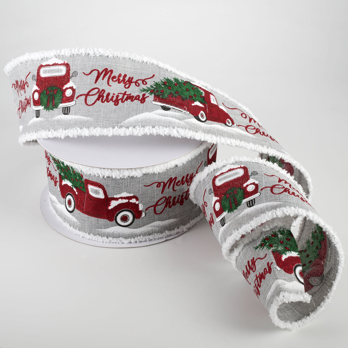 2.5" Merry Christmas With Truck Fuzzy Edge Ribbon: Light Grey (10 Yards) Lifestyle Photo