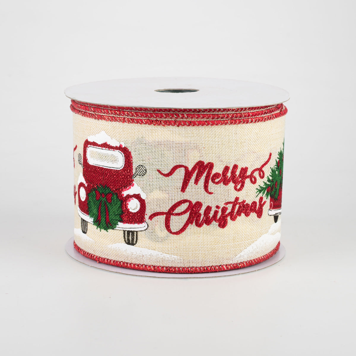 2.5" Merry Christmas With Truck Ribbon: Cream (10 Yards)