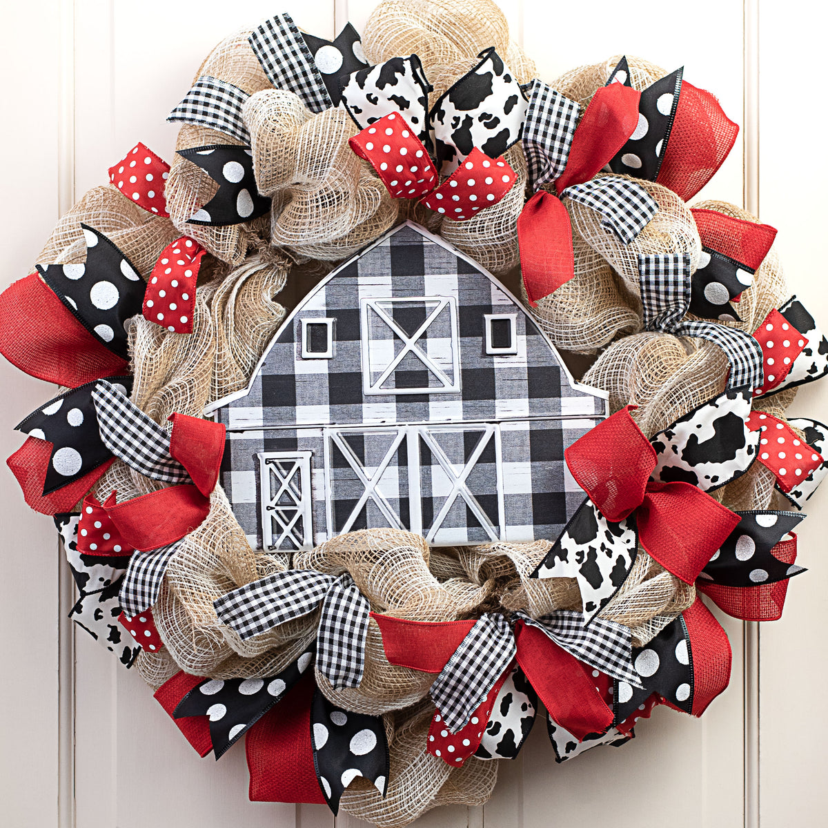 12" Metal Embossed Hanger: Black & White Buffalo Plaid Barn Lifestyle Photo